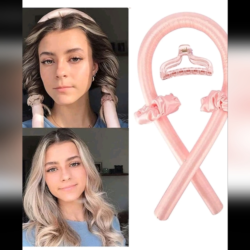 Heatless Hair Curling Wrap Kit For Long Hair Pink Satin Rod
